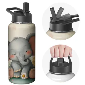 Cute Elephant Print Stainless Steel Water Bottle with Flip Lid - Black and White, Adorable Cartoon Animal Design for Kids and Adults, Ideal for Outdoor Activities, School, Gym, and Daily Use
