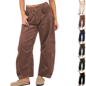 Buenoble Women’s Corduroy Barrel Pants High Waist Loose Fit Elastic Waist Wide Leg Trousers Casual Retro Cozy Cord Pants