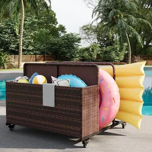 Gaomon All-Weather PE Wicker Rattan Pool Float Storage Organizer Bin with Rolling Wheels, 2 Open Compartments, Steel Frame, Outdoor Poolside & Patio Caddy for Float & Toy Storage, Mixed Brown