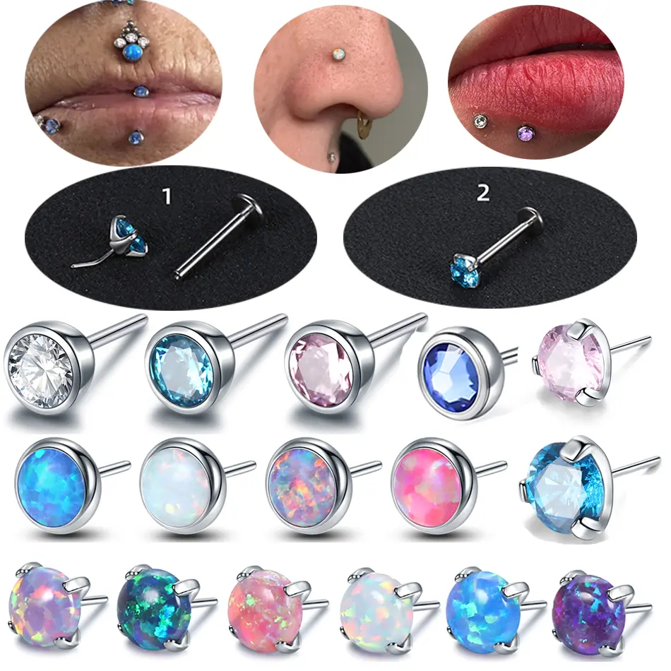 Titanium Labret Earring, Single G23 Push-in Stud with Opal & Zircon for Women's Tragus & Helix Piercings, Body Jewelry, Titanium Labret Earrings