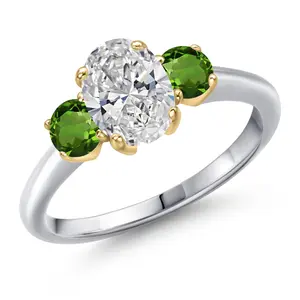 Gem Stone King 1.50cttw 10K White Gold IGI Certified Lab Grown Diamond and Green Tourmaline 3-Stone Engagement Ring For Women | Center 1.00 Ct Diamond | D-E Color | VS1-VS2 Clarity