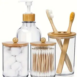 Holder Dispenser with Bamboo Lids Clear Plastic, 4pcs Boho Bathroom Decor Set, Soap Dispenser and Toothbrush Holder Accessories