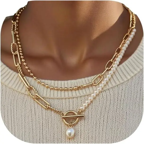 Gold Layered Pearl Chain Necklace for Women, 14K Gold Plated Pearl Link Toggle Clasp Necklace, Dainty Trendy Layered Choker Chunky Jewelry Fashion Gift for Women