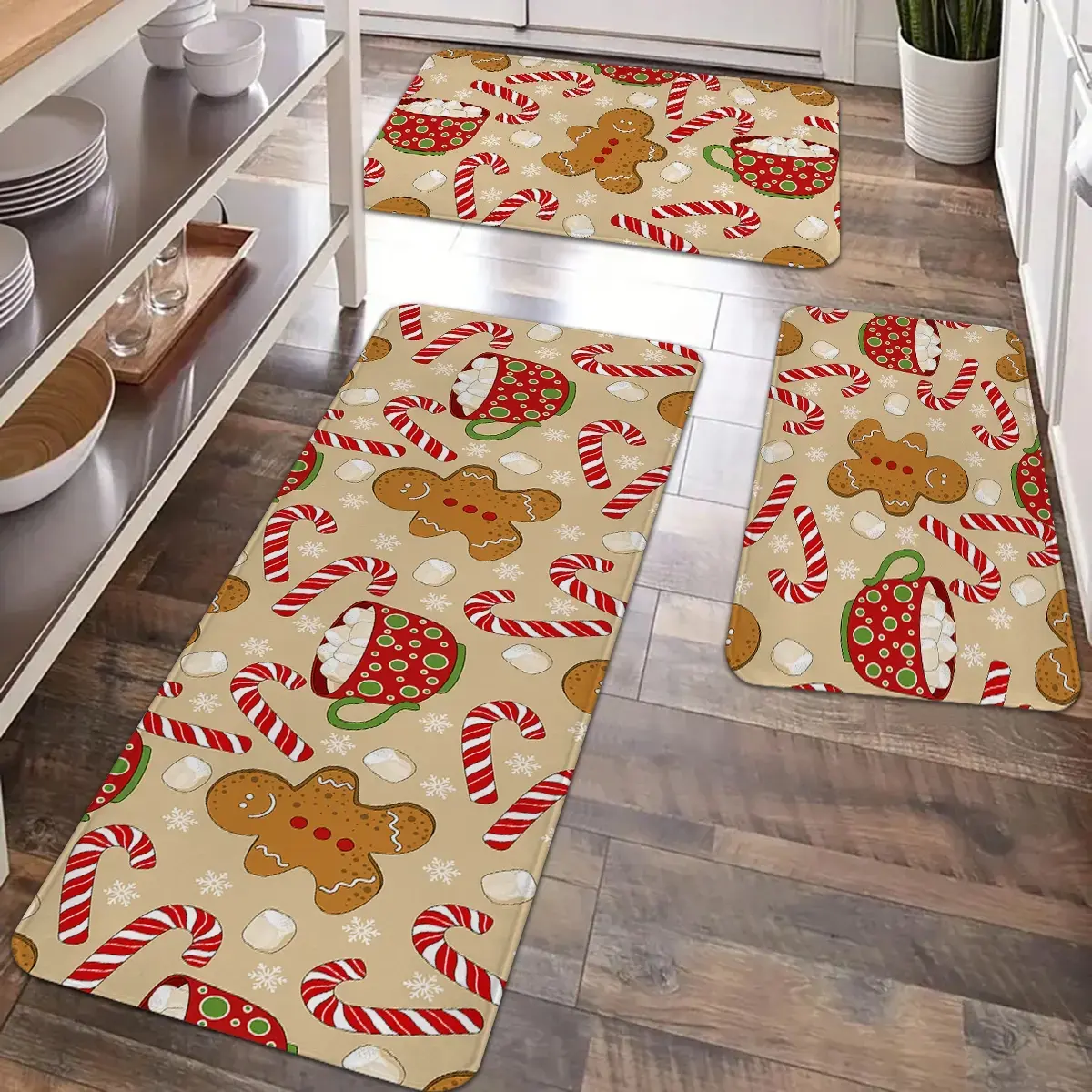 Christmas Kitchen Carpet Floor Mat, Decorative Mat Set, Snowflake Christmas Gingerbread Man Cane Candy Cotton Candy Pattern Non slip Floor Mat, Suitable for Christmas decoration in kitchens, entrance doors, laundry rooms, bathrooms, living rooms