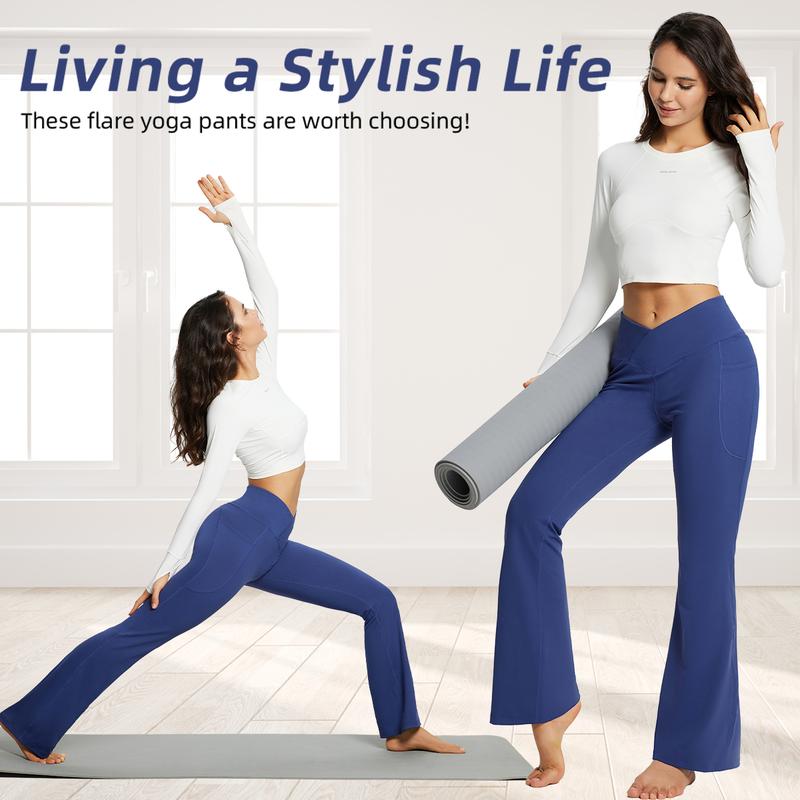 baleaf 29''/32''/34'' inseam Women Flare Leggings Crossover V-Cut Yoga Pants Flare Khakis High Waist Casual Workout Lounge Tall Bottom Pockets Petite Girls Forbidden Pants