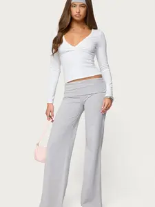 Edikted Wide Leg Foldover Pants - Cotton Spandex Blend, Foldover Waistband, Wide Leg Fit, Machine Washable