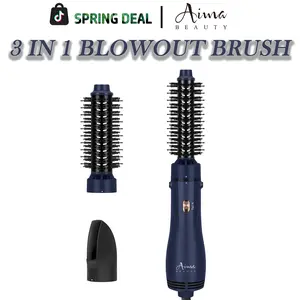 Aima Beauty 3 IN 1 Blowout Brush,Multi-Functional Hair Stying Tool, Dryer and Curling Iron Set, Round Brush Blow Dryer,Ionic Hair Straightener & Curler for Short Medium Long Hair, Interchangeable 1” & 1.25” Round Barrel, Ionic Frizz Control for Women