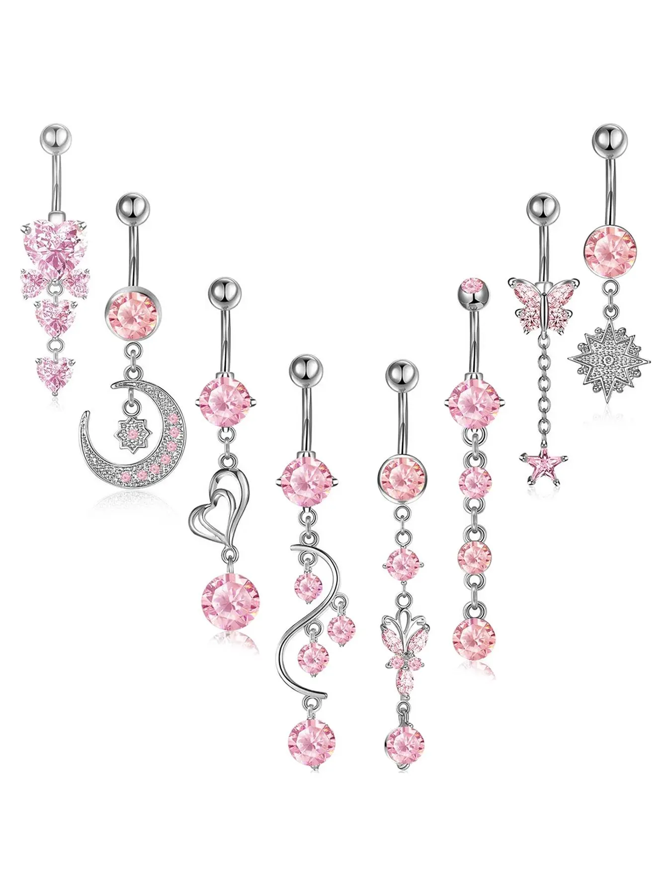 Women's Elegant Pink Zircon Decor Belly Rings, Trendy Exquisite Belly Piercing Jewelry, Navel Piercing Jewelry, Chic Body Jewelry for Party Decor, Belly Button Rings, Body Jewellery