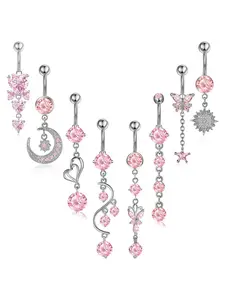 Women's Elegant Pink Zircon Decor Belly Rings, Trendy Exquisite Belly Piercing Jewelry, Navel Piercing Jewelry, Chic Body Jewelry for Party Decor, Belly Button Rings