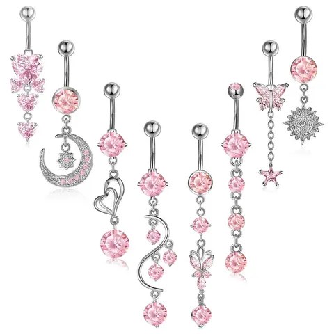 Women's Elegant Pink Zircon Decor Belly Rings, Trendy Exquisite Belly Piercing Jewelry, Navel Piercing Jewelry, Chic Body Jewelry for Party Decor, Belly Button Rings, Body Jewellery
