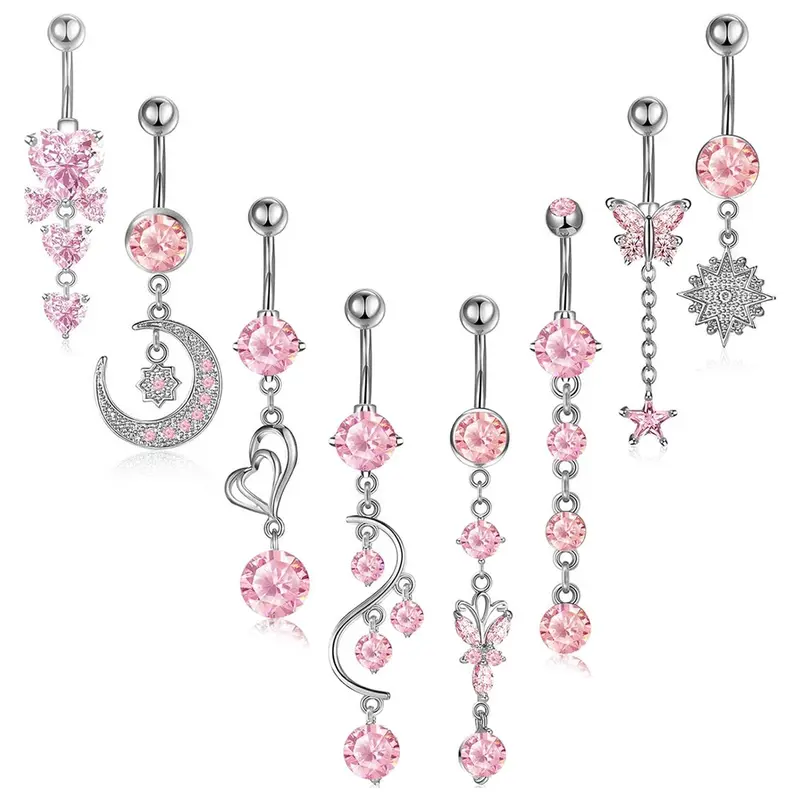 Women's Elegant Pink Zircon Decor Belly Rings, Trendy Exquisite Belly Piercing Jewelry, Navel Piercing Jewelry, Chic Body Jewelry for Party Decor, Belly Button Rings, Body Jewellery