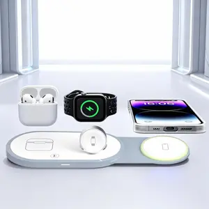 3-in-1 Magnetic Foldable Wireless Charging Station, Fast Charging Stand for Smartphone, Smartwatch and Earbuds, Portable Travel Charger with Adjustable Night Light