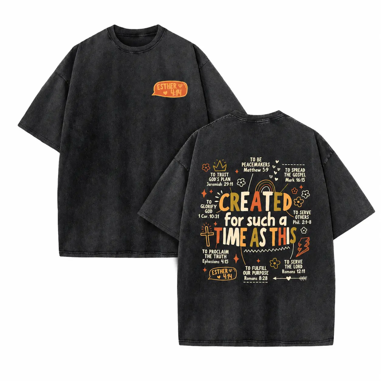 Men's Vintage Wash Black Shortleeve Oversized Cotton Christian Tee - Esther 4:14 Doodle Art, Multi Bible Verses, Double Sided, Everyday Fit Faith Top, Trendy Streetwear Shirt, Hand Wash