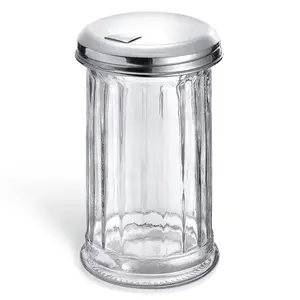 12 Oz Glass Sugar Dispenser with Pour Spout and Stainless Steel Flip Lid - Durable, Classic Style Conveniently Sized Multifunctional Sugar Container for Coffee Bar, Suitable for Seasoning, Cinnamon