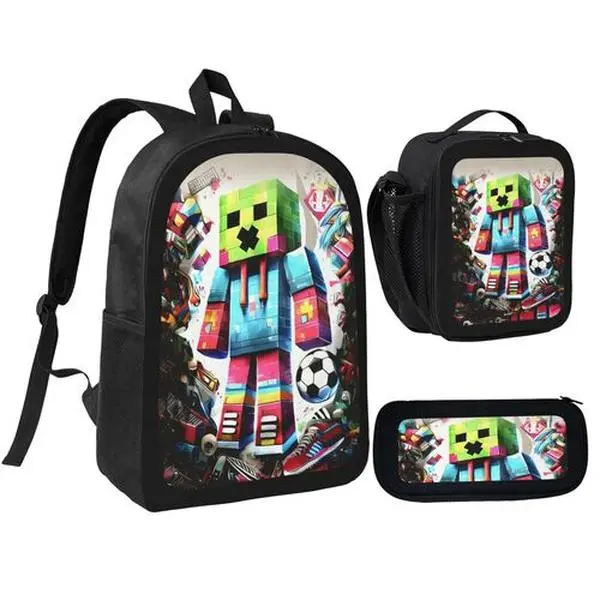 17-in Cartoon Building Block Print School Backpack 3-Piece Set - Single-Layer Backpack, Shoulder Strap Lunch Bag, Single-Layer Pencil Bag for Students