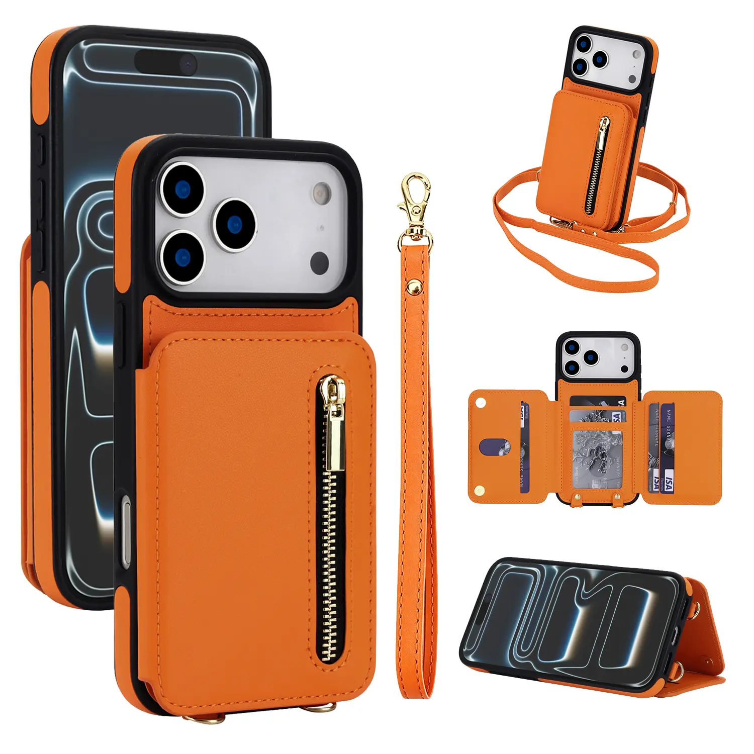 Card Wallet Case for iPhone 17 Pro Max iPhone Air 16 15 14 13 12 11 Pro Max PU Leather RFID Blocking Card Wallet Flip Stand Cover Crossbody Lanyard Strap Wristband