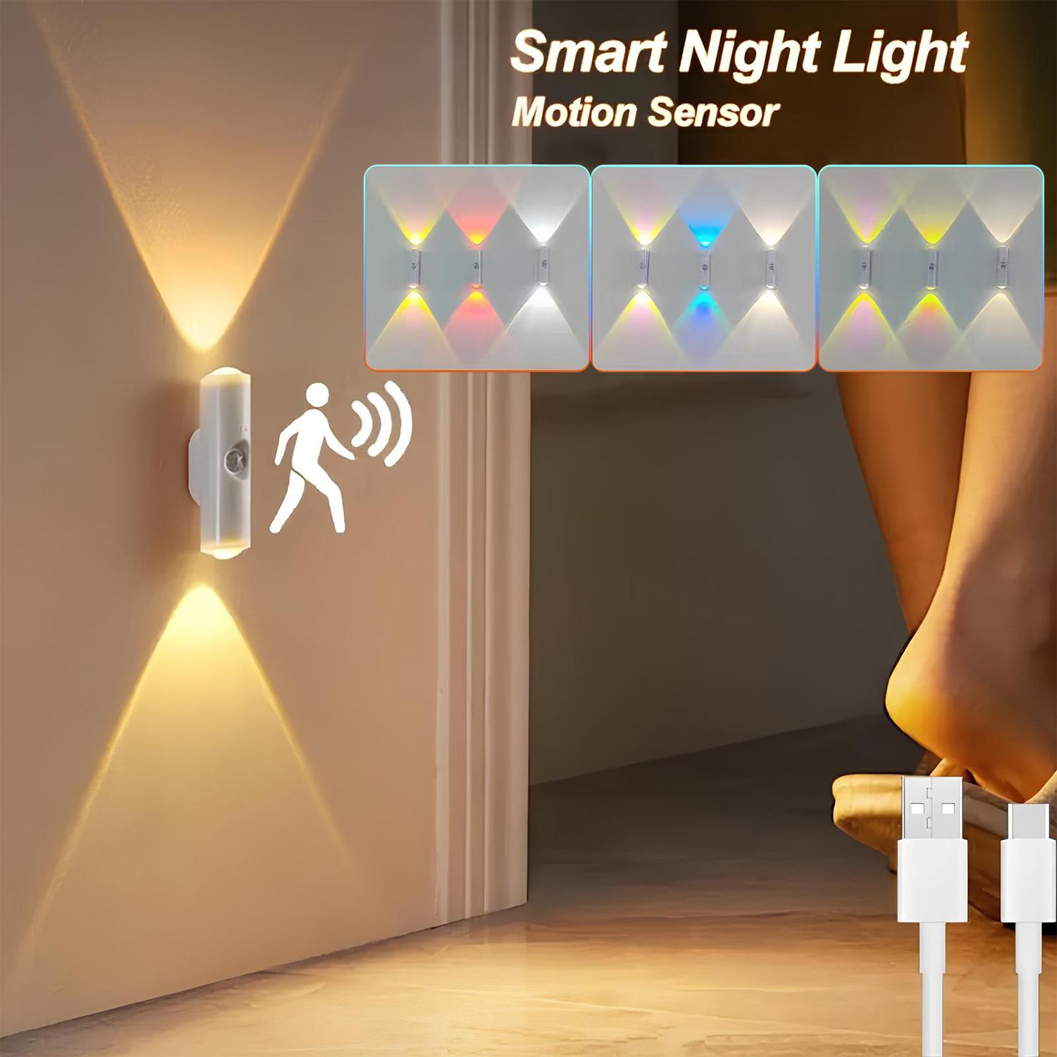 Smart Rechargeable LED Night Light with Motion Sensor | RGB Gradient Ambient Lighting, Dimmable Wall Lamp, Magnetic Stick-On Design, USB Charging, Long Battery Life, Ideal for Halloween Decor, Bedroom, Stairs