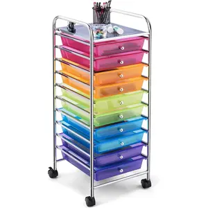 10-Drawer Rolling Storage Cart, Utility Mobile Trolley with Removable Drawers & Universal Casters & 2 Brakes, Versatile Flexible Drawer Organizer Cart for Home, Office (Rainbow)