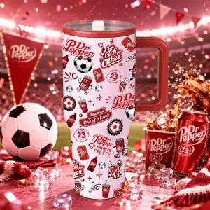 1pc 40oz Dr Pepper Soccer Soda Theme Insulated Tumbler, Pink Soda Print Thermal Cup With Handle And Lid, Large Capacity Double Wall Leak Proof Vacuum Mug, Keeps Hot 12 Hours And Cold 24 Hours, Perfect For Football Game Day, Party, Office, Gym, Car Travel,