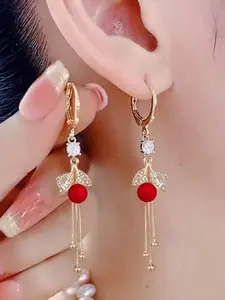 New Luxury Long Fringe Pearl Leaf Pendant Earrings, Women's Zircon Jewelry, Elegant Versatile Fashion Accessory, Perfect Gift