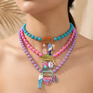 Women's Handmade Dopamine Colorful Beaded Layered Necklace, Ocean Theme Jewelry with Fish, Starfish, Lobster, Heart Pendants, Summer Beach Vacation Clavicle Costume Accessory