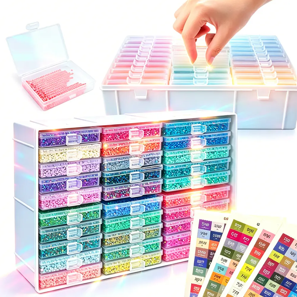 Multi-Drawer Bead Storage Organizer with Label Stickers, Transparent Plastic Diamond Painting Storage Box
