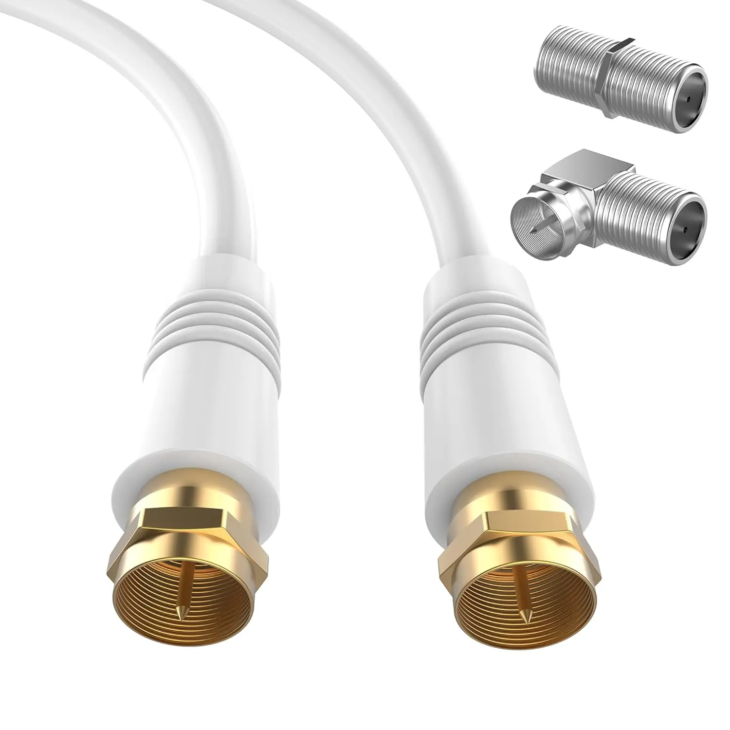 2FT RG6 PVC Coaxial Cable with PVC Jacket, Gold-Plated F Connectors & 90-Degree Angled Male-to-Female Adapter - Anti-Interference, Corrosion-Resistant, Weatherproof, Simple Install Audio & Video Accessories for Cable TV, Antennas, Wall Outlet