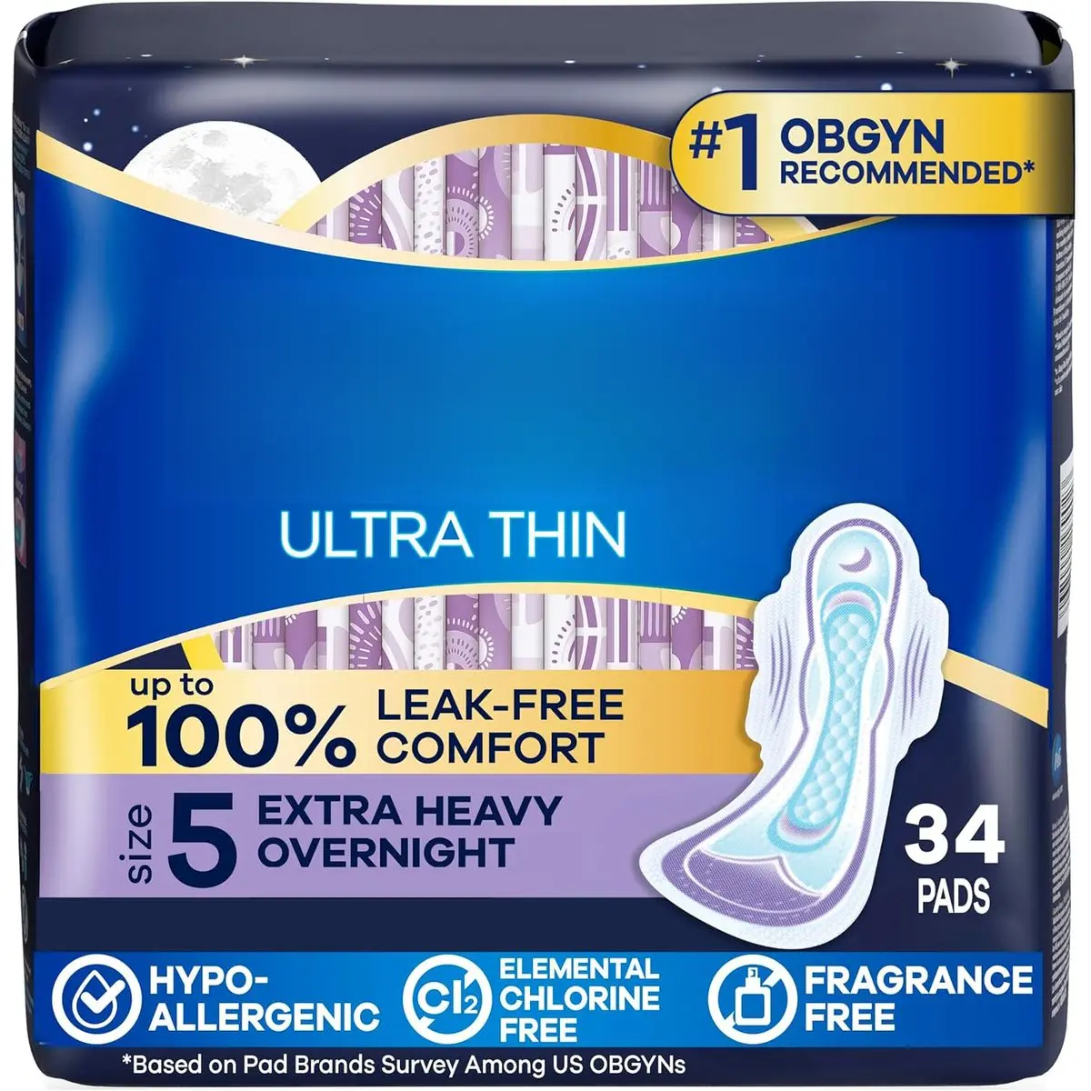 Ultra Thin Feminine Pads with Wings for Women, Size 5, Extra Heavy Overnight Absorbency, Unscented, Up to 100% Leak-Free Comfort, 34 Count