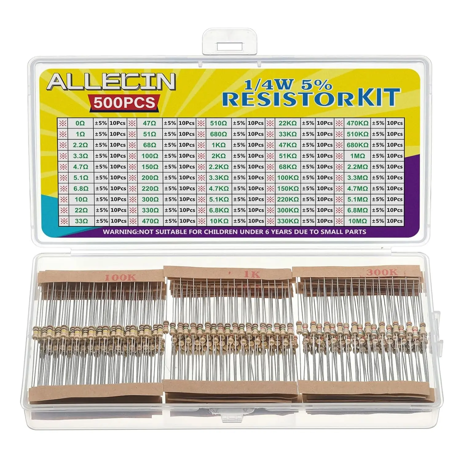 50 Values 1/4W 0 Ohm to 10M Ohm ±5% Carbon Film Resistor Assorted 1/4 Watt Common Fixed Resistors Assortment Kit