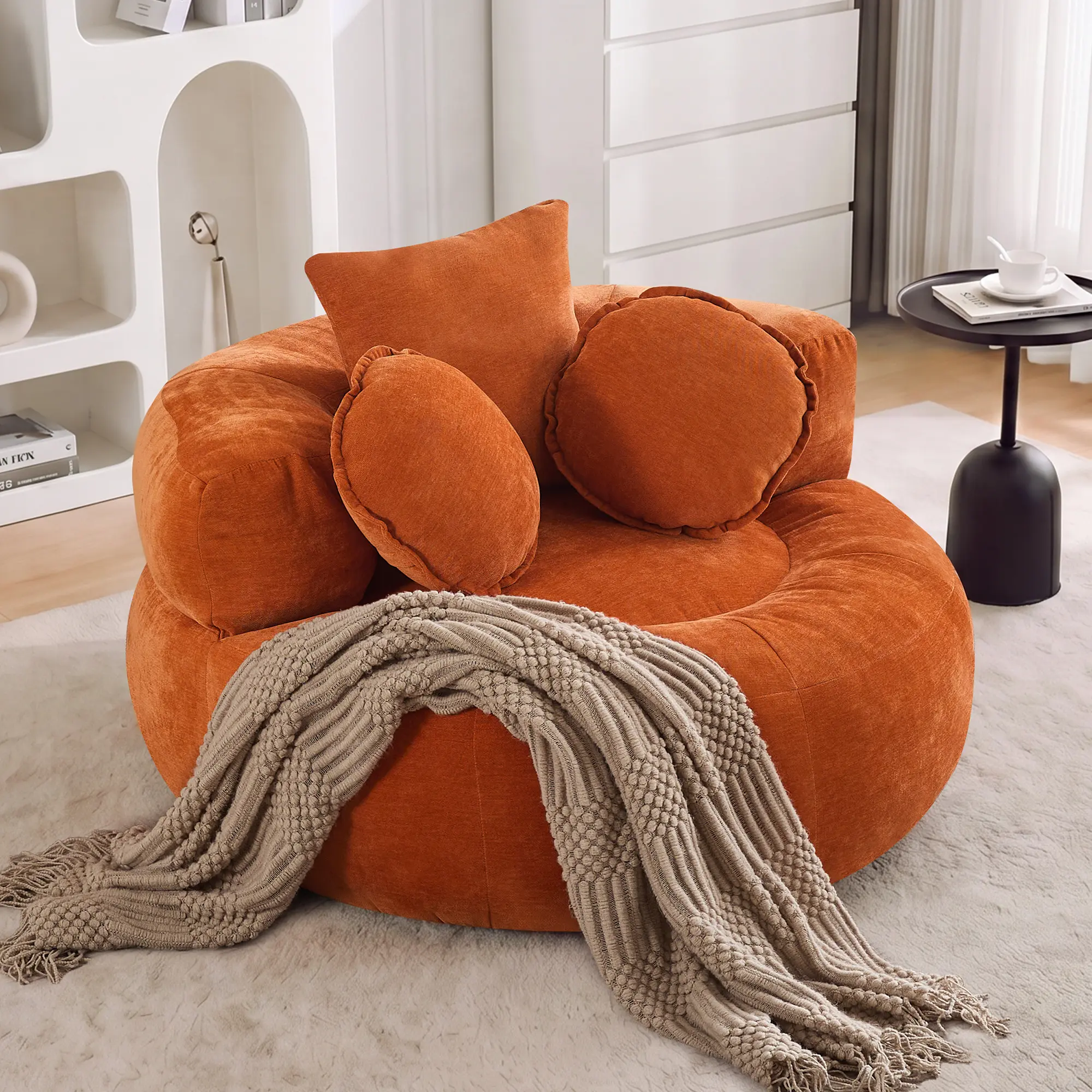 Ergonomic Chenille Bean Bag Chair - Classic Spacious Round Design, High Resiliency Foam Cushion, 0 Assembly Compressed Floor Seat, Comfy Indoor Lounger for Living Room, Student Dorm, Black, Chill, Casual