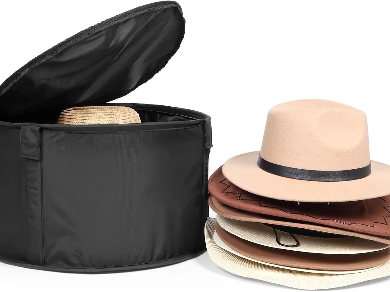 Black Large Modern Hat Box for Storage, Stackable Hat Organizer Case for Cowboy Hat, Round Brim Hat Organizer Bag, Dustproof, Waterproof