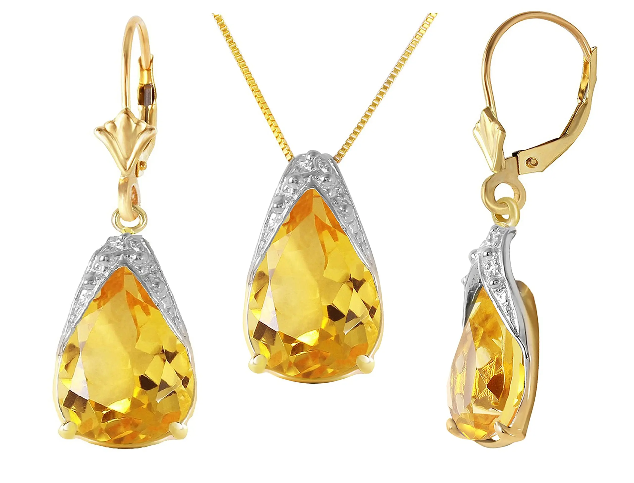 Galaxy Gold GG 14k 18" Yellow Gold Citrine Drop Necklace and Earrings Set