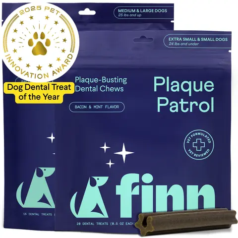 FINN Plaque Patrol Dental Chews - Bacon & Mint Flavor - Vet-Formulated All-Natural Tartar Control Treats for Dogs - Extra Small/Small & Medium/Large Sizes - Dog Dental Treat of the Year 2025 Pet Innovation Award Winner