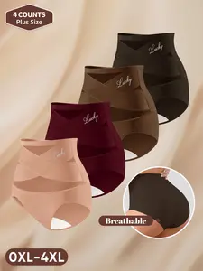 4-Pack MEIYATING Plus Size High-Waisted Underwear, Breathable Tummy Control, Elastic Waist, 0xl-4xl, Casual Letter Pattern