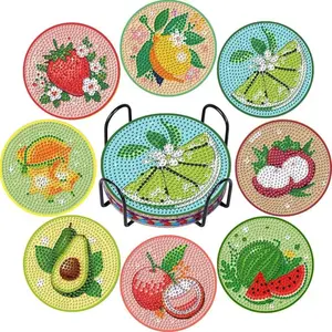 8 Piece Diamond Painted Coaster Set with Fruit Patterns and Stand, DIY Craft Kit for Beginners, Great Gift for Home Decoration, Diamond Painting Coasters