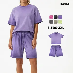 Holafish Unisex Suits Oversized Tshirt & Shorts Set No stretch Summer Washed Cotton Dirty Washed Trendy Gradient Color Men's and Women's Suits, Short-sleeved Tops Paired with Shorts, Retro Couple Outfits