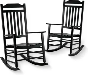 Top Space Patio Rocking Chairs Set of 2 High Back Outdoor Porch Rocker PU-Painted Poplar-Wood Chair with Wide Deep Seat
