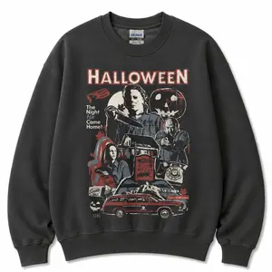 Women's Vintage Michael Myers Halloween Cotton Crew Neck Sweatshirt - Casual Long Sleeve Loose Pullover, Horror Movie "The Night He Came Home" Top, All Seasons Horror Lover Gifts, Christmas Womenswear