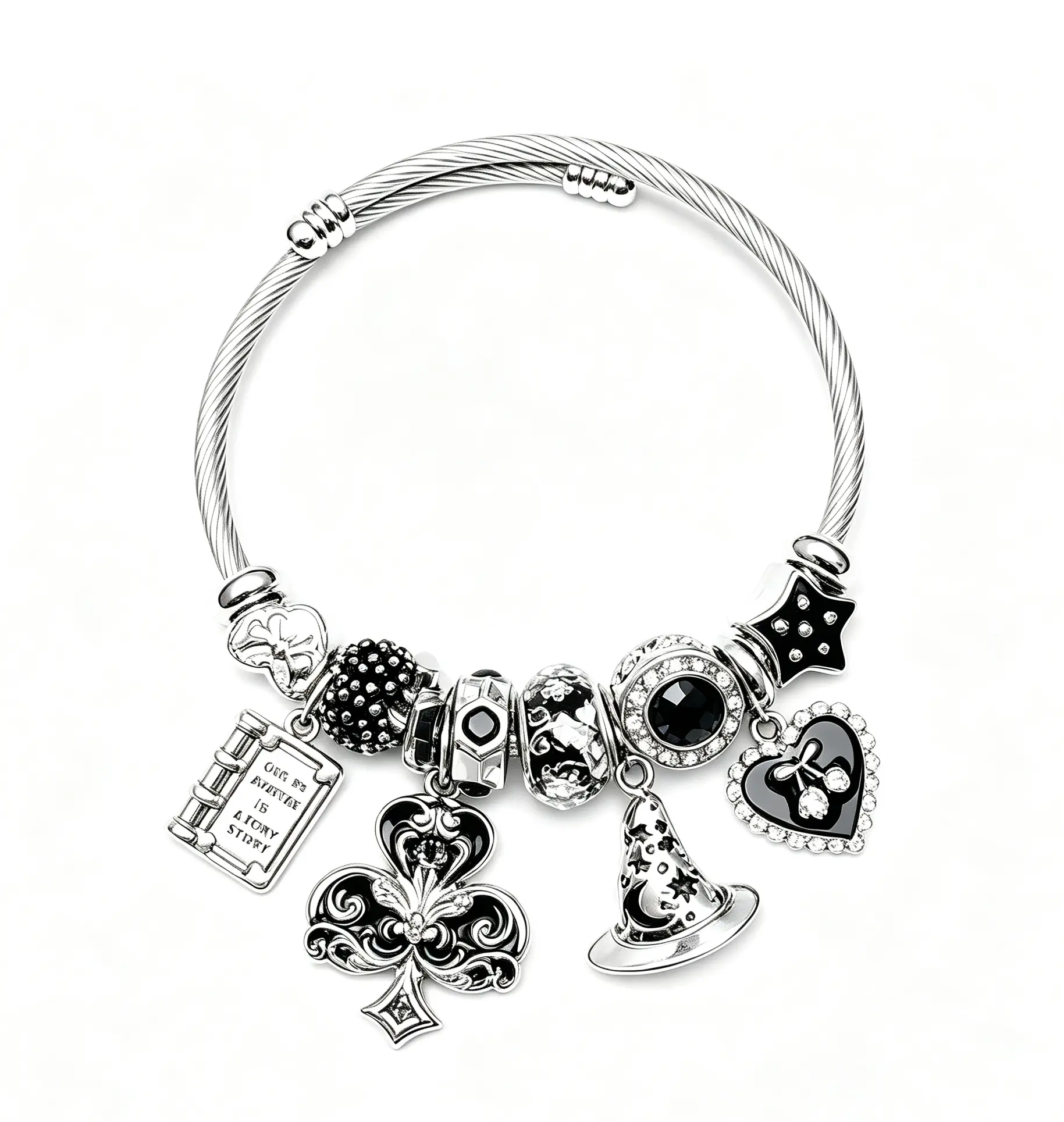 Open Adjustable Wire Bangle Bracelet, Magic Wizard Hat Clover Book Heart Star Charms Beads Silver Tone Bracelet, Fashion Jewelry Gift for Women Girls