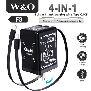 W&O 4-in-1 GaN Fast Charger ,​​W/ Retractable 2-in-1 Cable（31in）\Compatible With 120W USB-C , Fast Charging, Type-C, Lightning, Compatible with iPhone 16/15, iPad, Samsung Fast Charging for Gaming, Travel & Office - Universal Compact Power Adapter​​
