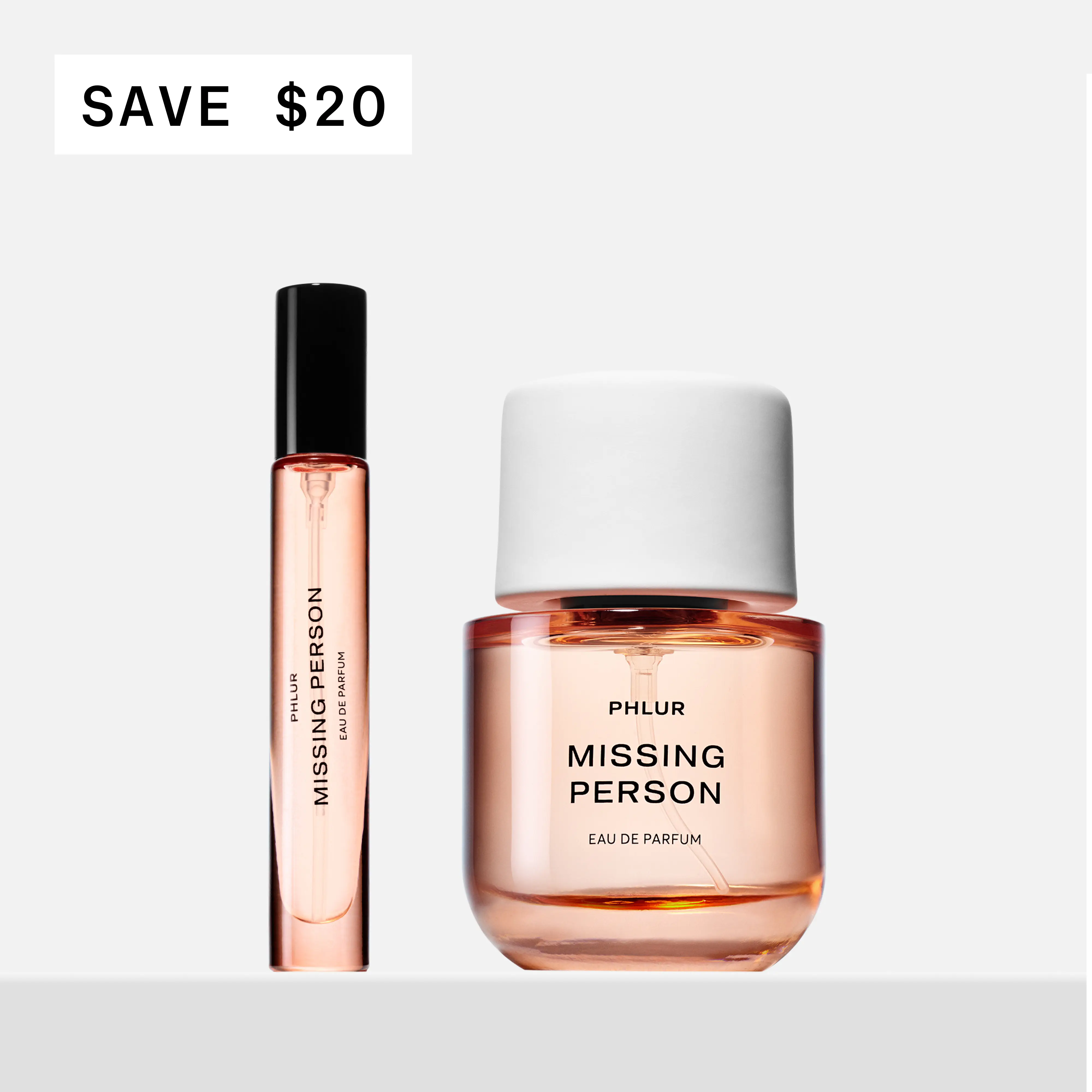 PHLUR Missing Person Eau de Parfum Duet - Full + Travel Size Perfume Set with White Musk, Jasmine & Orange Blossom (50mL + 9.5mL) PHLUR Missing Person Eau de Parfum Duet - Full + Travel Size Perfume Set with White Musk, Jasmine & Orange Blossom (50mL + 9.5mL)