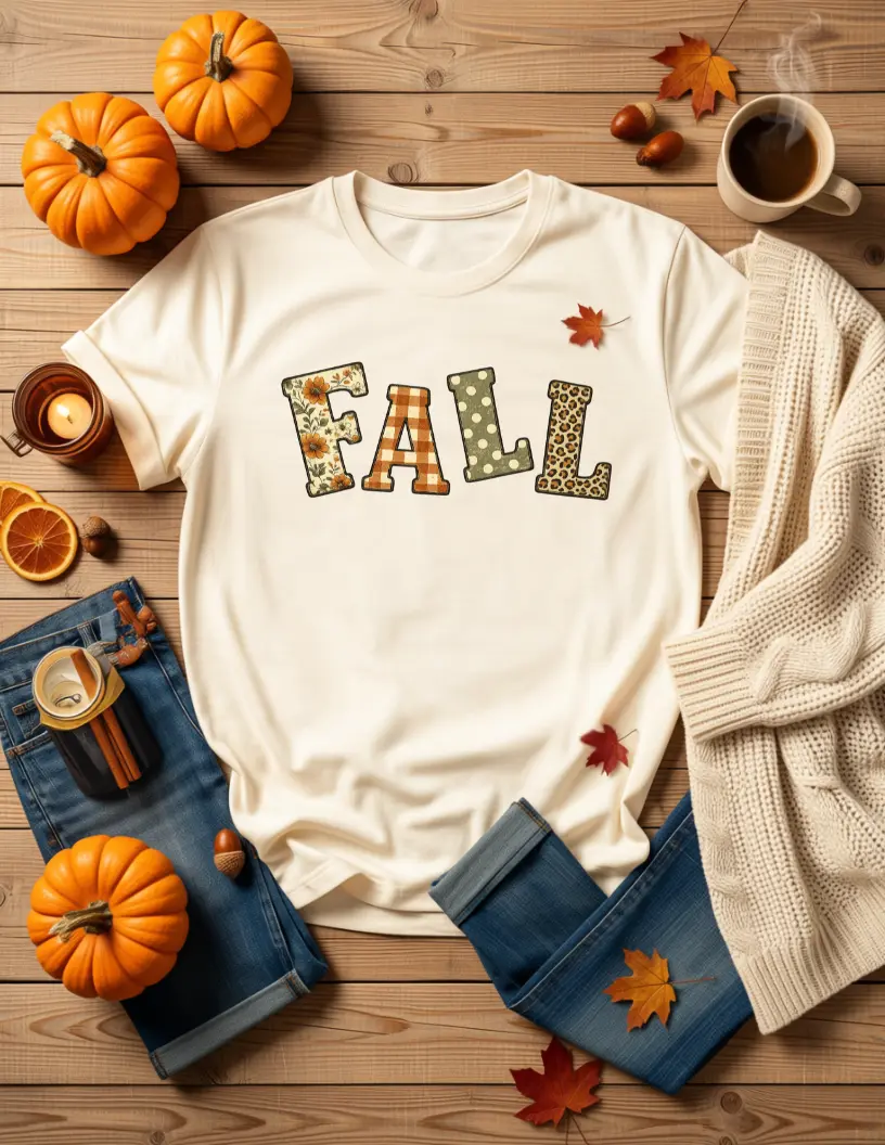 Fall Patchwork Letters T-Shirt | Autumn Plaid Leopard Polka Dot Tee