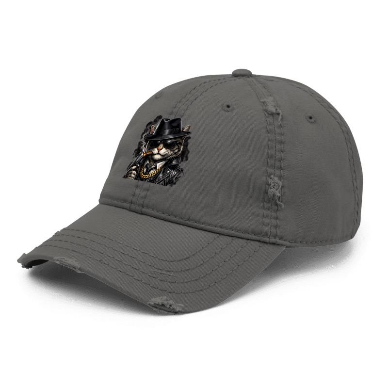 Distressed Cap with Cool Cat Design in Trendy Gray