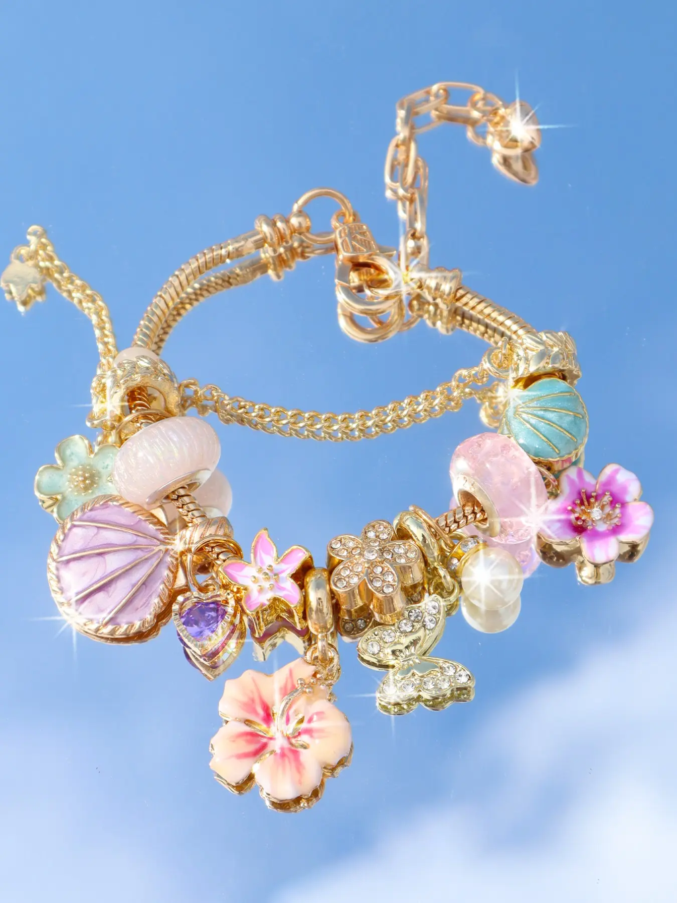 Beach Vacation Style Cherry Blossom Charm Bracelet, Ocean Life Starfish Shell Bracelet, Summer Butterfly Flower DIY Bracelet, Fashionable Sakura Butterfly Bracelet, Floral Charm Bracelets