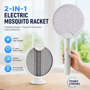 Foldable Electric Fly Swatter Racket, 2-in-1 Bug Zapper with UV Purple Attractant Light, USB Rechargeable Mosquito Killer for Indoor Outdoor Home Patio Camping, 3-Layer Safety Mesh & Standing Base