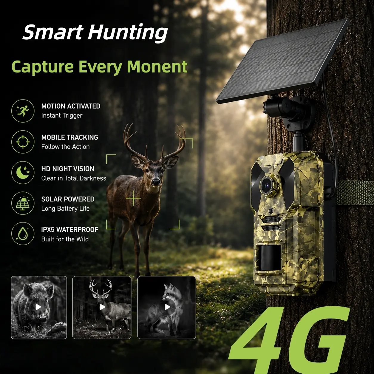 Nkccnur Solar Powered 4G Trail Camera - IPX65 Waterproof HD Quality Video Camera with Tree Stands, Audio, Motion Alerts, Smartphone App Control