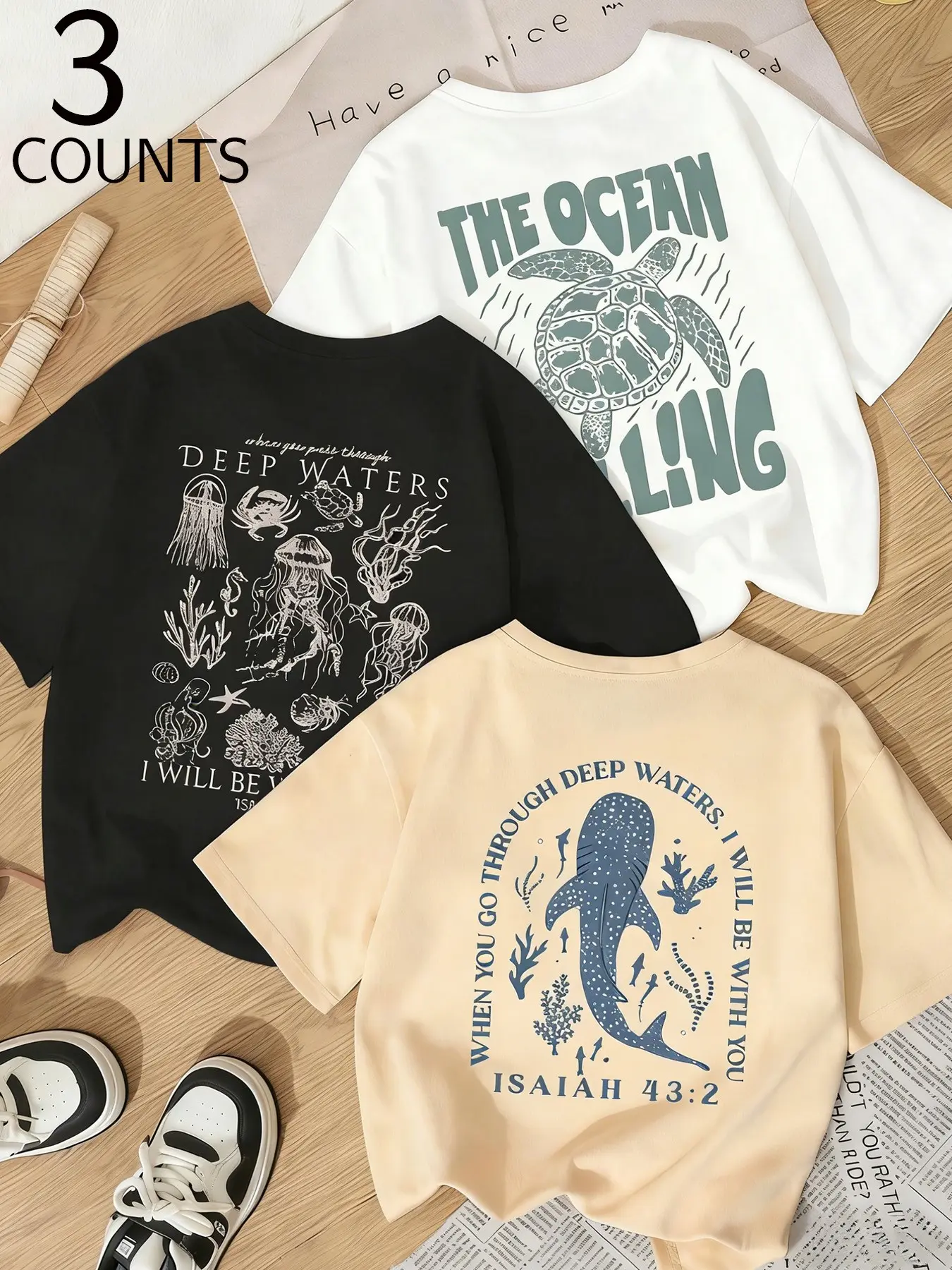 Women's Summer Casual Everyday Graphic Print Short Sleeve Round Neck T-Shirt Set, Colorful Letter Turtle Dolphin Jellyfish Pattern, Loose Fit
