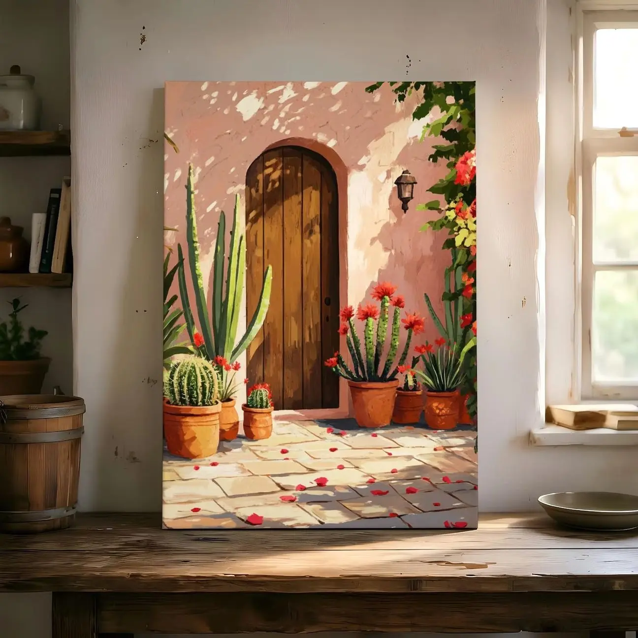 Warm Mexican Courtyard Canvas Wall Art, Cactus and Floral Garden Scene, Vibrant Southwestern Decor for Patio, Entryway or Sunroom
