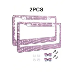 2PCS  pink Rhinestone Bling License Plate Frames - Sparkly Rhinestone Rhinestone License Plate Frame Glitter License Plate Frame Bling Car Licence Plate Frame Holder Cover,  Handcrafted License Plate Cover With Glittery Crystal Screw Caps Stainless Steel