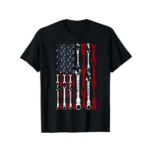 Mens Mechanic American Flag Tools Graphic Short Sleeve Crewneck Tee Vintage Style Garage Workwear Shirt Gift for Dad Husband Auto Repair Guys
